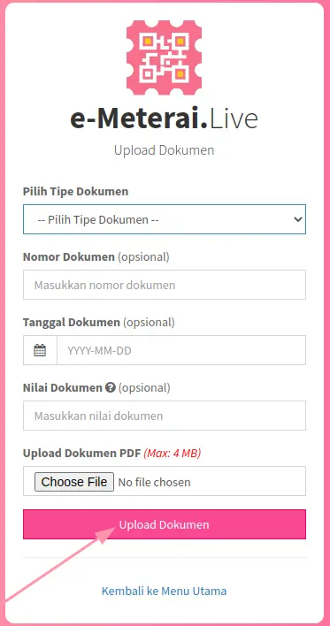 Tampilan upload dokumen