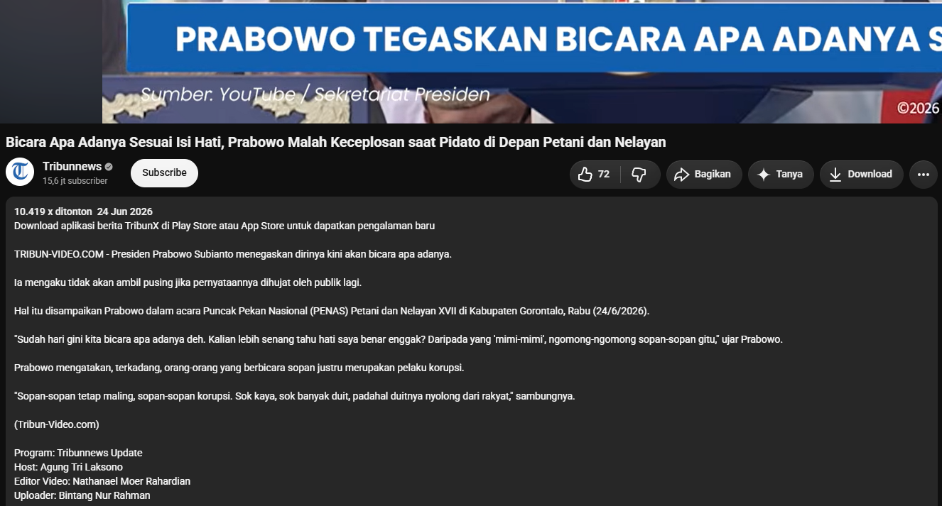Deskripsi video YouTube pidato Prabowo di PENAS Petani Nelayan